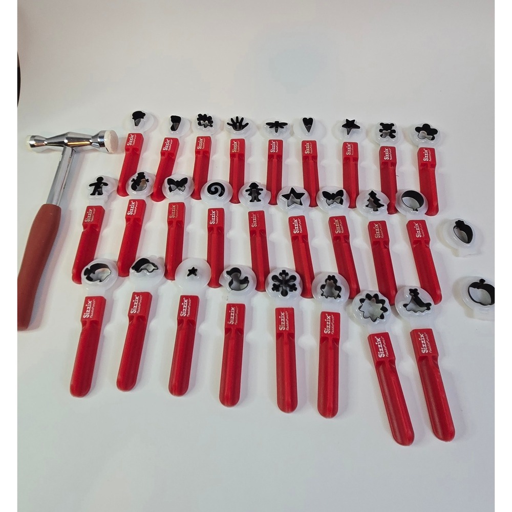 Sizzix PaddlePunch Die Cut Tool Set with Hammer and Various Shapes Red White